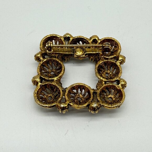 Vintage Square Gold Tone Filigree Brooch Pin Faux Mini Pearls - Picture 7 of 10